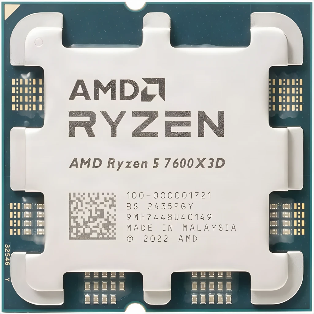 AMD Ryzen 5 7600X3D, vista frontal: tampa metálica escovada com logótipo AMD RYZEN em relevo e contactos dourados - Item1