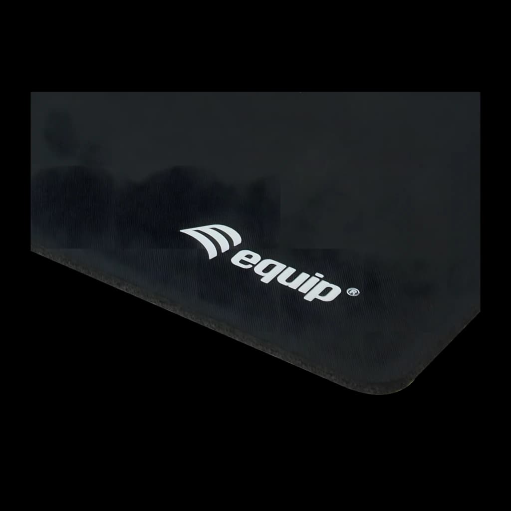Equip Tapete de rato 245011 preto, detalhe: canto com logótipo Equip branco e borda cosida em superfície têxtil