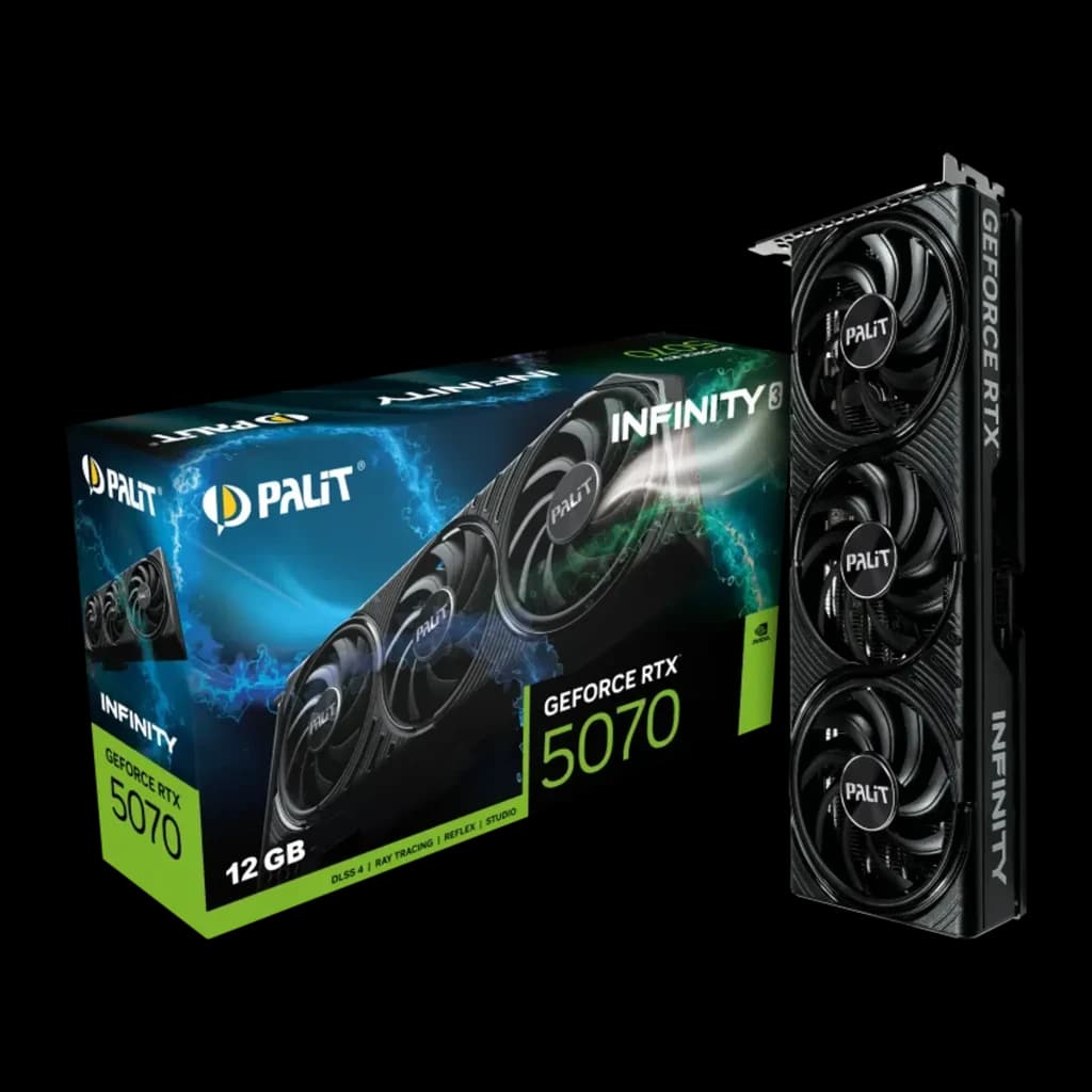 Palit GeForce RTX 5070 Infinity 3 12GB negra, caja y tarjeta: packaging junto a GPU con triple ventilador vista frontal