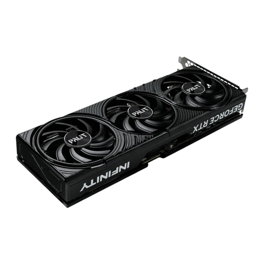 Palit GeForce RTX 5070 Infinity 3 12GB negra, caja y tarjeta: packaging junto a GPU con triple ventilador vista frontal - Ítem2