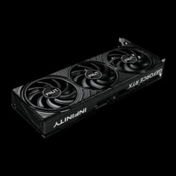 Palit GeForce RTX 5070 Infinity 3 12GB negra, vista en perspectiva inferior: shroud con inscripción Infinity y conectores