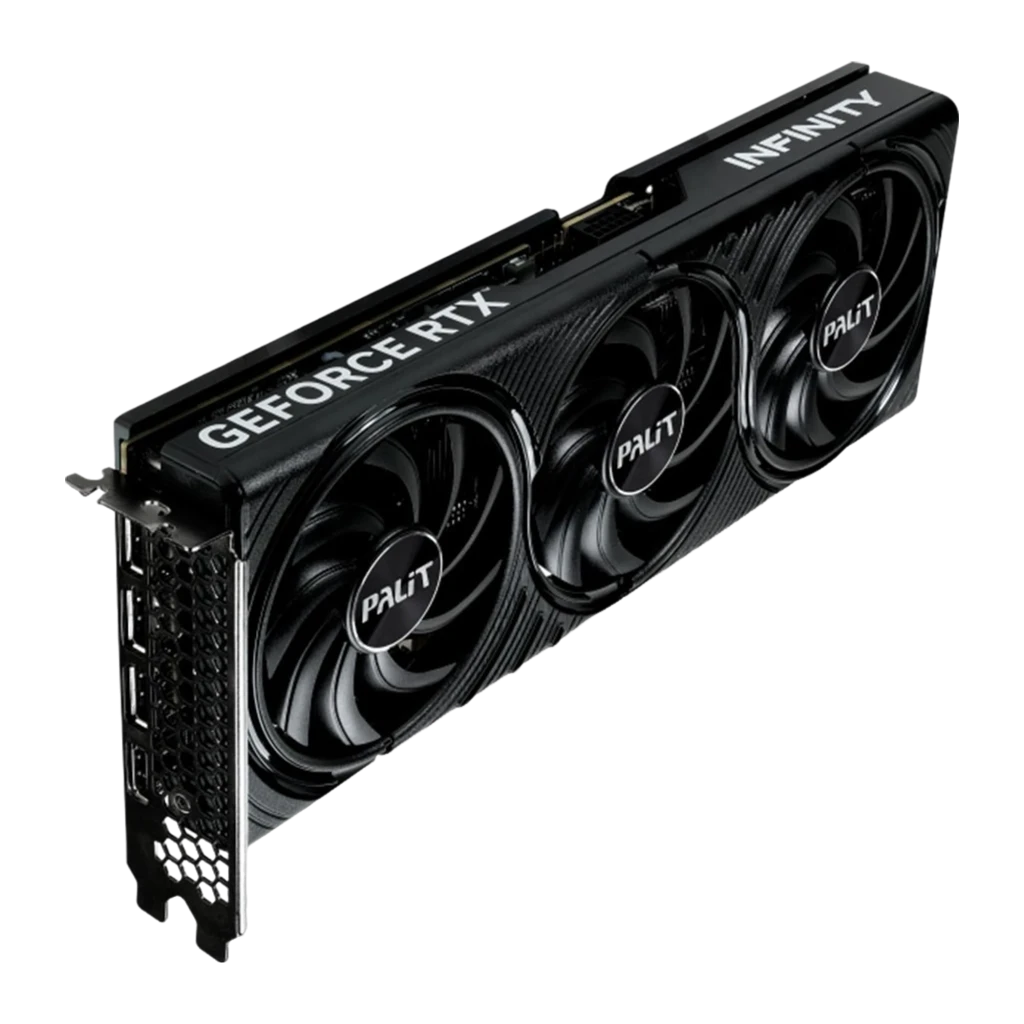 Palit GeForce RTX 5070 Infinity 3 12GB negra, caja y tarjeta: packaging junto a GPU con triple ventilador vista frontal - Ítem3