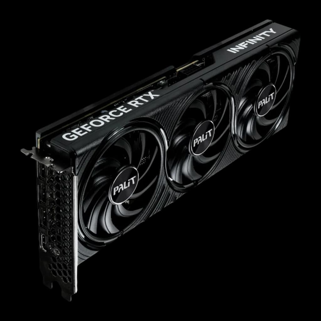 Palit GeForce RTX 5070 Infinity 3 12GB negra, vista lateral con bracket: puertos HDMI y DP en bracket perforado y conectores
