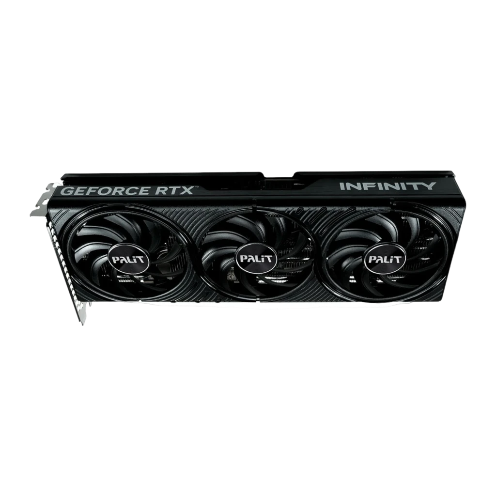 Palit GeForce RTX 5070 Infinity 3 12GB negra, caja y tarjeta: packaging junto a GPU con triple ventilador vista frontal - Ítem1