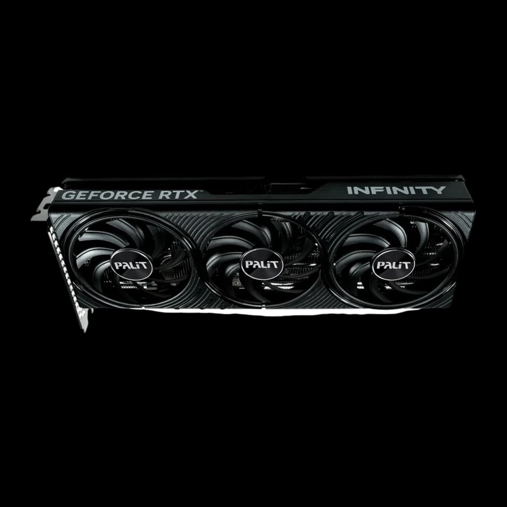 Palit GeForce RTX 5070 Infinity 3 12GB negra, vista frontal: tres ventiladores con logo Palit y shroud texturizado