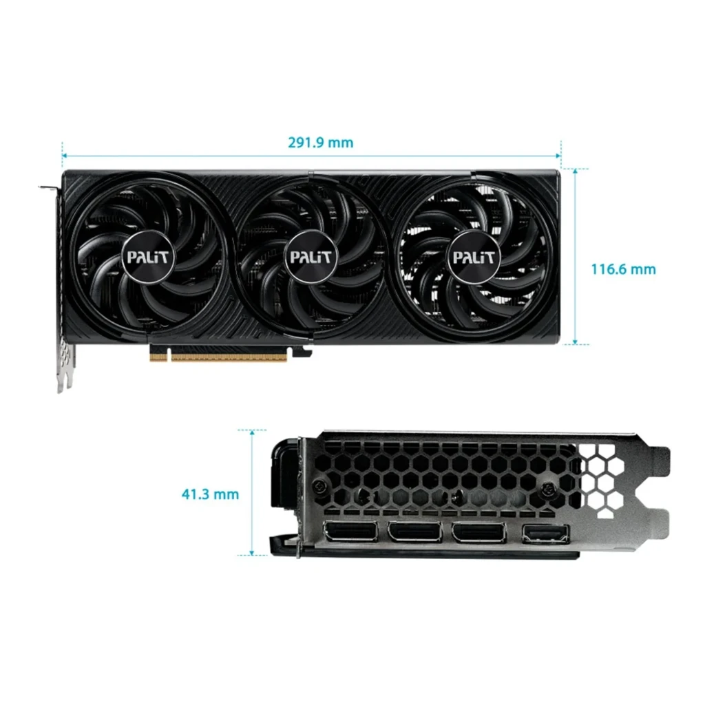 Palit GeForce RTX 5070 Infinity 3 12GB negra, caja y tarjeta: packaging junto a GPU con triple ventilador vista frontal - Ítem4
