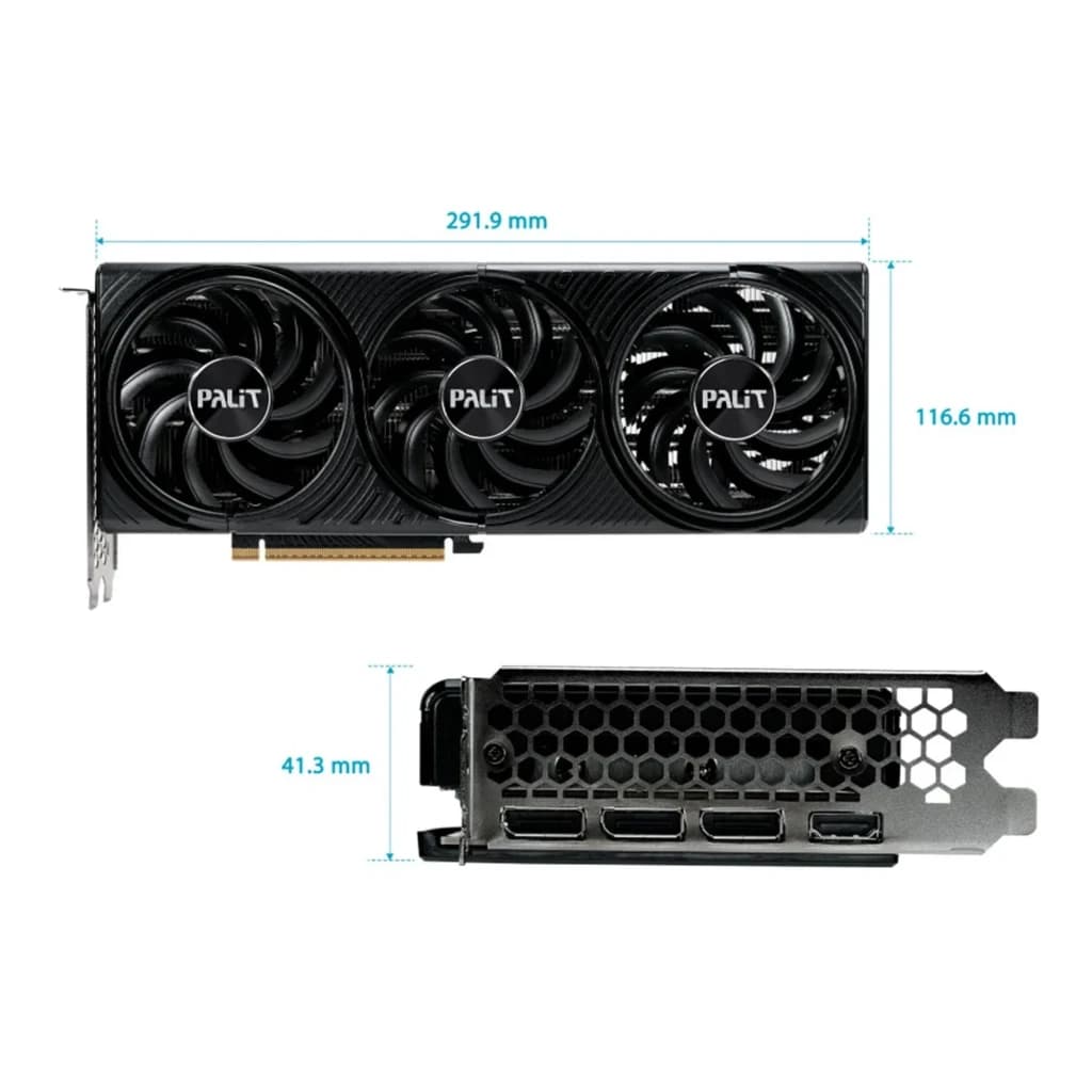 Palit GeForce RTX 5070 Infinity 3 12GB negra, dimensiones: vista frontal 291,9x116,6mm y trasera 41,3mm con puertos HDMI y DP