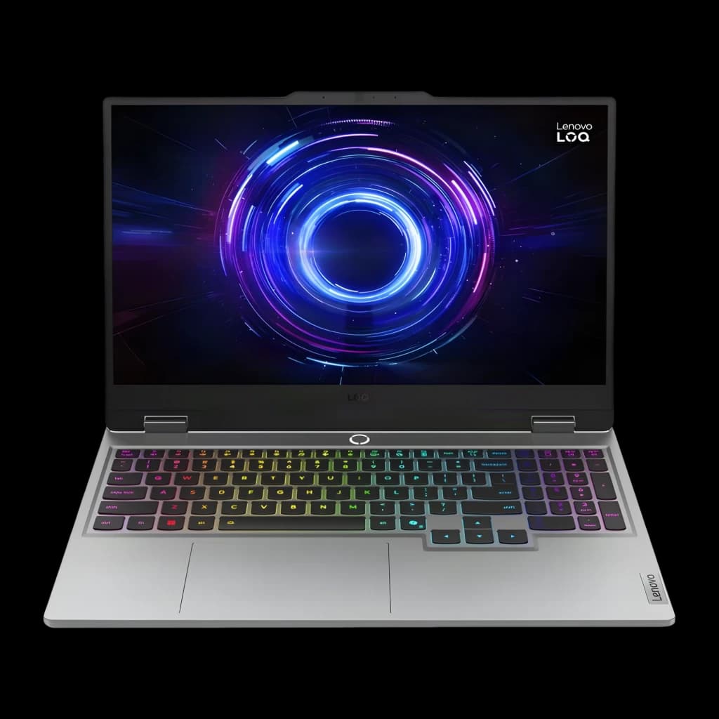 Lenovo LOQ 15IRX10 512GB gris, vue de face: écran avec graphique gaming et clavier RGB multicolore rétroéclairé
