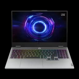 Lenovo LOQ 15IRX10 512GB gris, vue de face: écran avec graphique gaming et clavier RGB multicolore rétroéclairé
