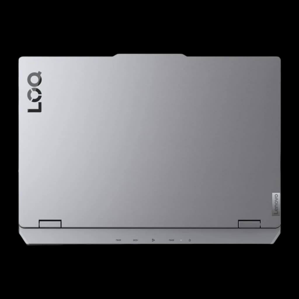 Lenovo LOQ 15IRX10 512GB gris, vue arrière du dessus: couvercle fermé avec logo LOQ et pieds suréleveurs visibles