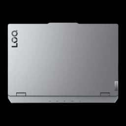 Lenovo LOQ 15IRX10 512GB gris, vue arrière du dessus: couvercle fermé avec logo LOQ et pieds suréleveurs visibles