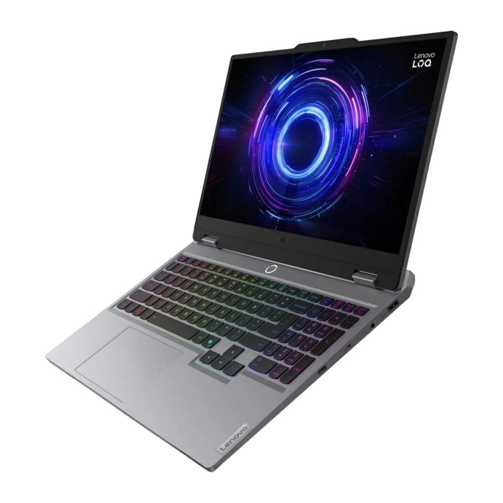 Lenovo LOQ 15IRX10 512GB gris, vista frontal: pantalla con gráfico gaming y teclado RGB multicolor iluminado - Ítem1