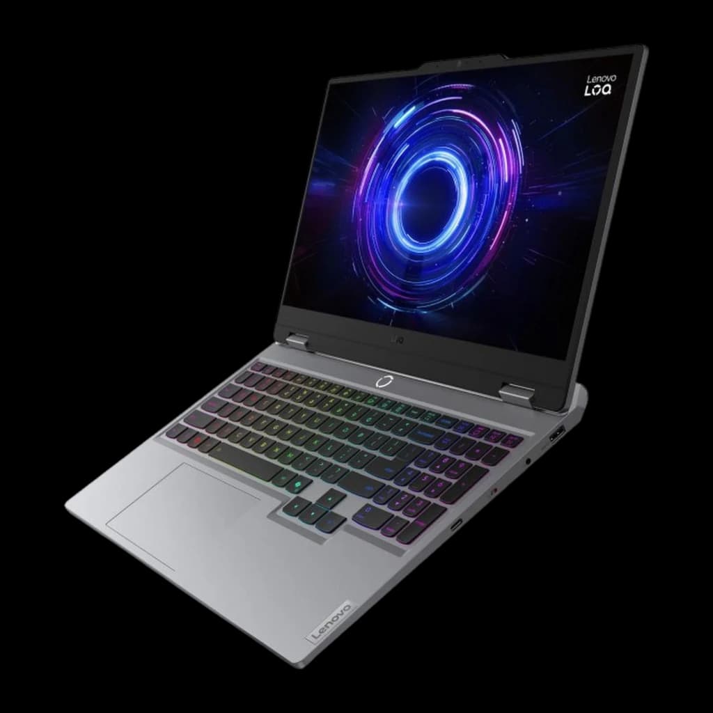 Lenovo LOQ 15IRX10 512GB gris, vue avant en angle: écran allumé avec visuel gaming et clavier RGB rétroéclairé