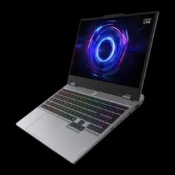 Lenovo LOQ 15IRX10 512GB gris, vue avant en angle: écran allumé avec visuel gaming et clavier RGB rétroéclairé