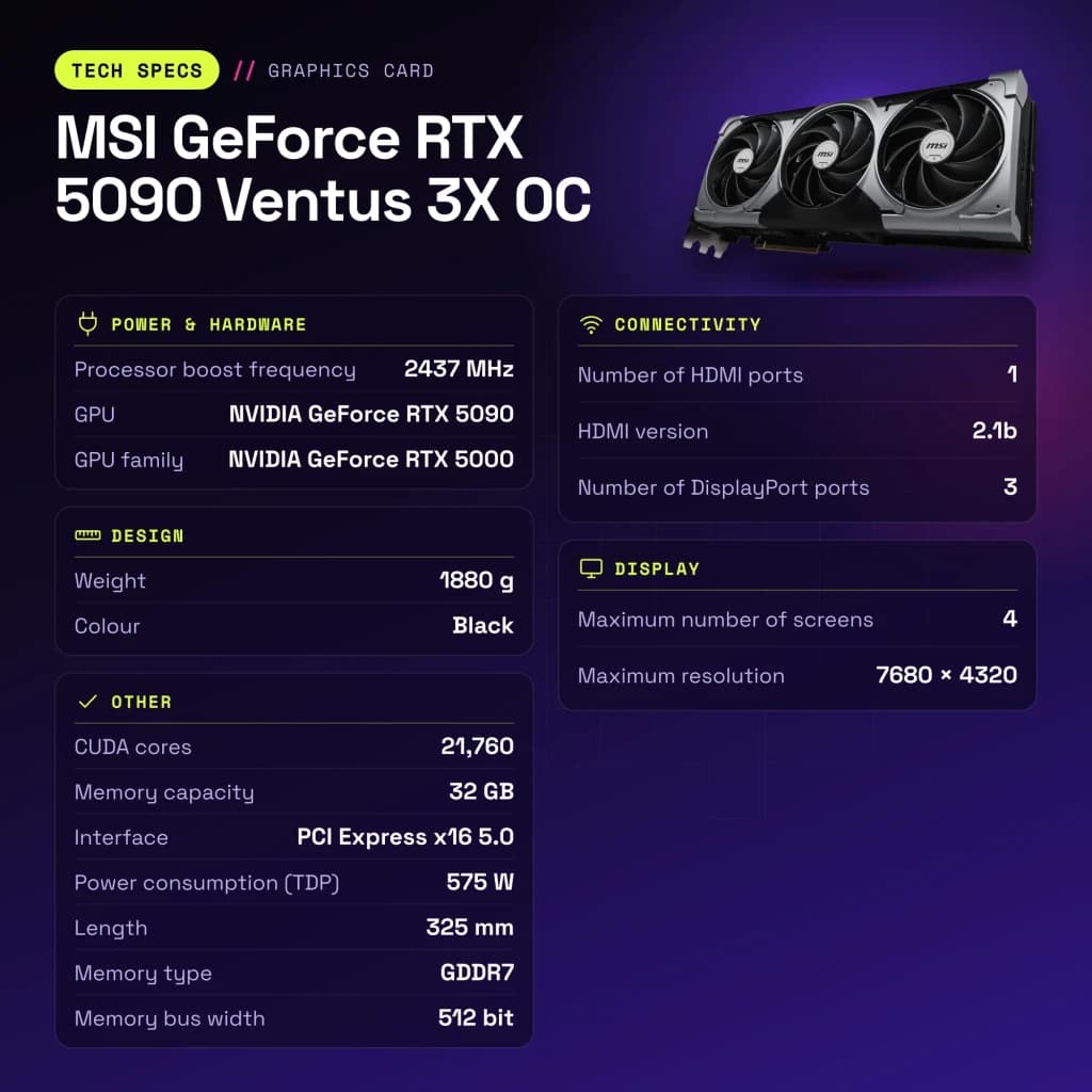 Tarjeta gráfica MSI GeForce RTX 5090 Ventus 3X OC 32GB GDDR7 - características