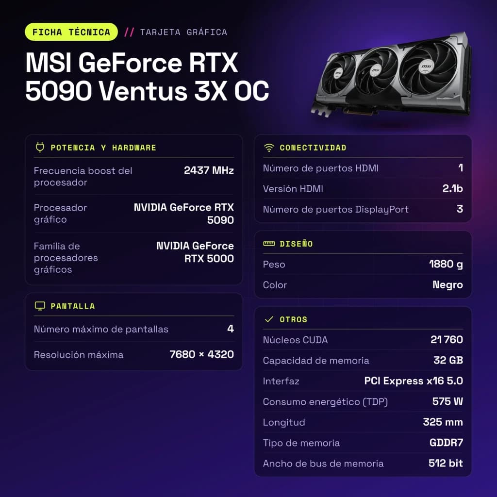 Tarjeta gráfica MSI GeForce RTX 5090 Ventus 3X OC 32GB GDDR7 - características