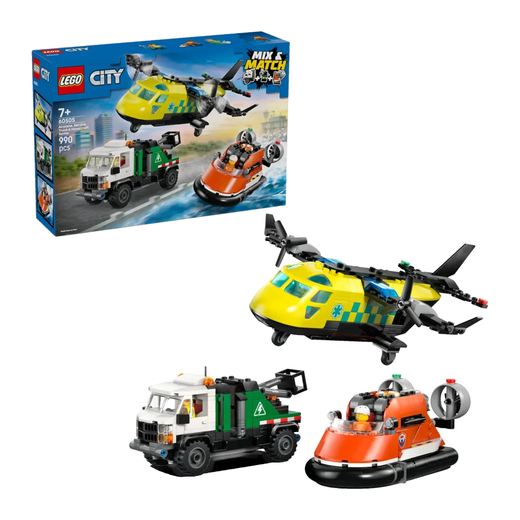 LEGO Set City 60505 Avión, Vehículo de Mantenimiento y Aerodeslizador - 990 piezas y 3 modelos completos en un solo set