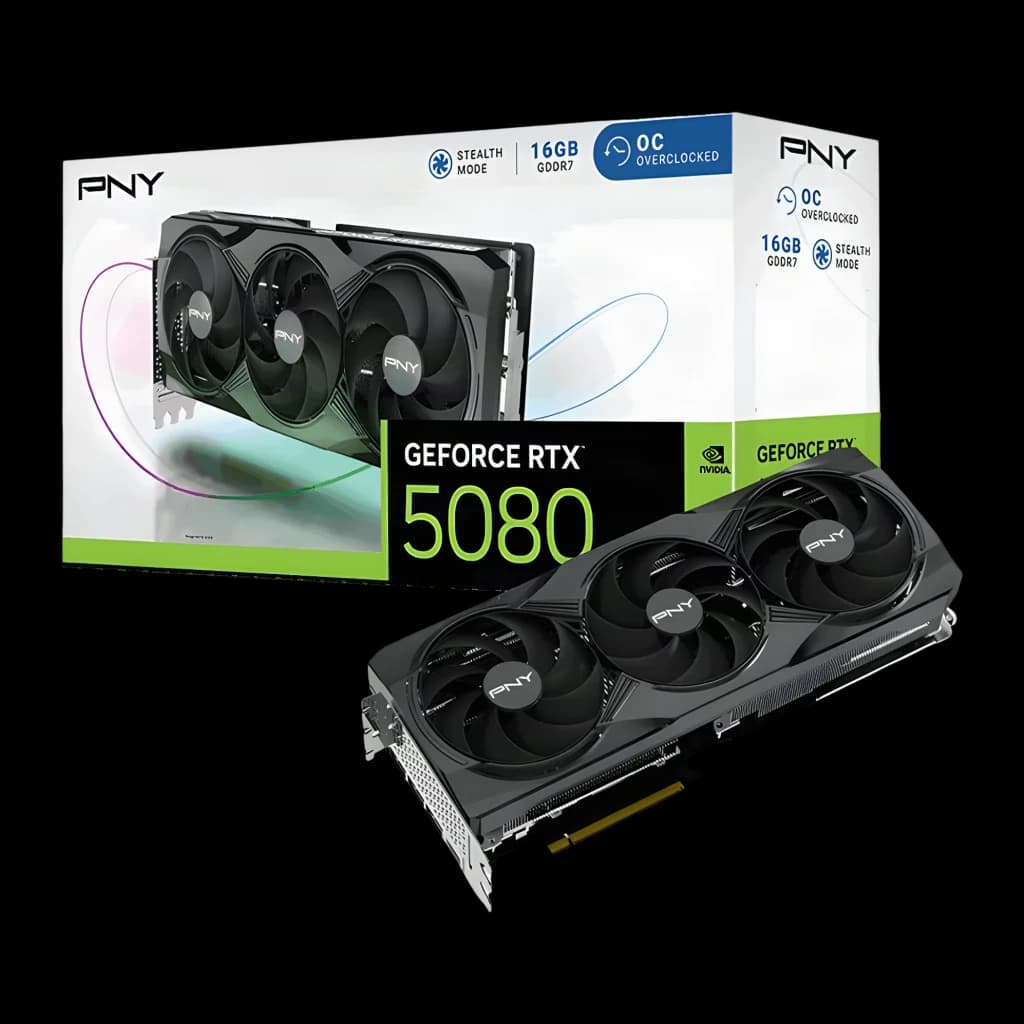 PNY GeForce RTX 5080 OC 16GB negra, vista secundaria: tarjeta gráfica con triple ventilador junto a su caja retail