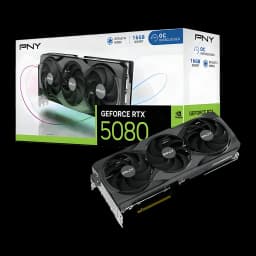 PNY GeForce RTX 5080 OC 16GB negra, vista secundaria: tarjeta gráfica con triple ventilador junto a su caja retail