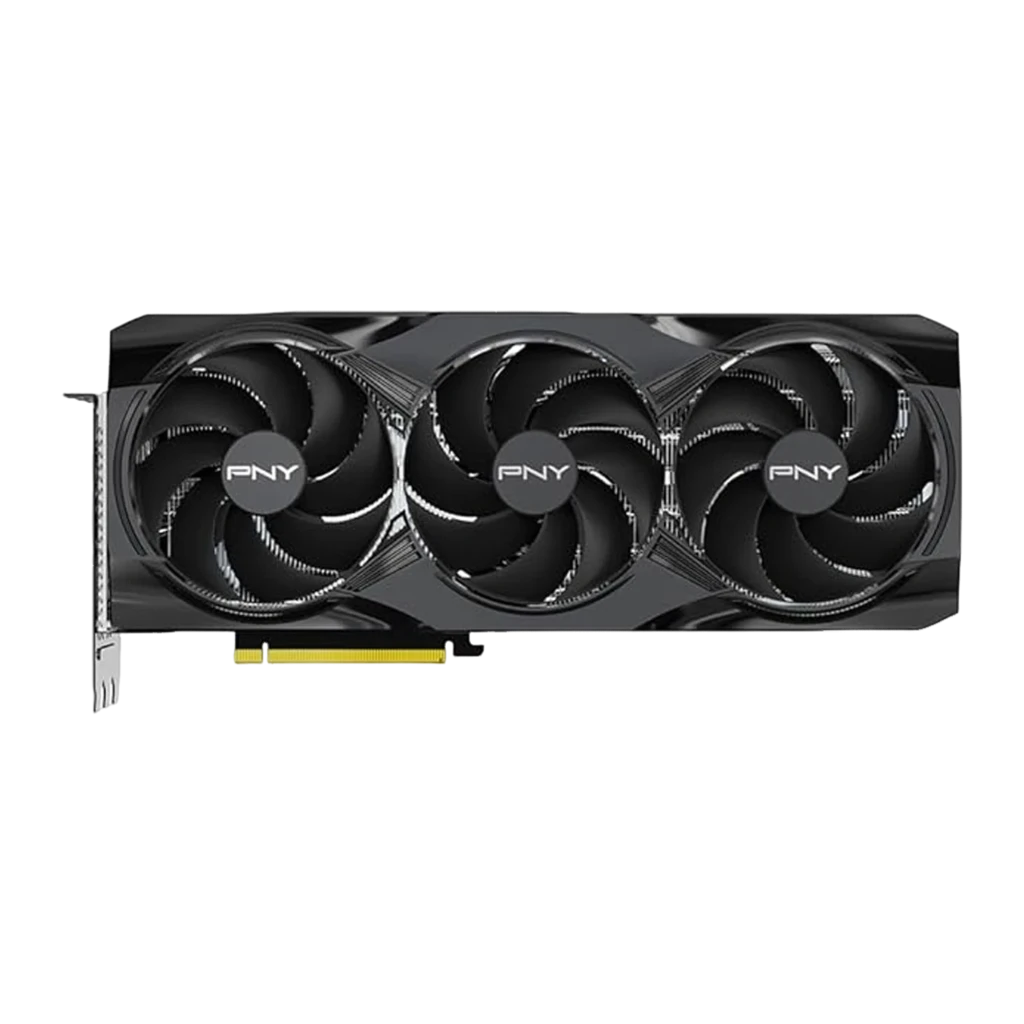 PNY GeForce RTX 5080 OC 16GB negra, vista secundaria: tarjeta gráfica con triple ventilador junto a su caja retail - Ítem1