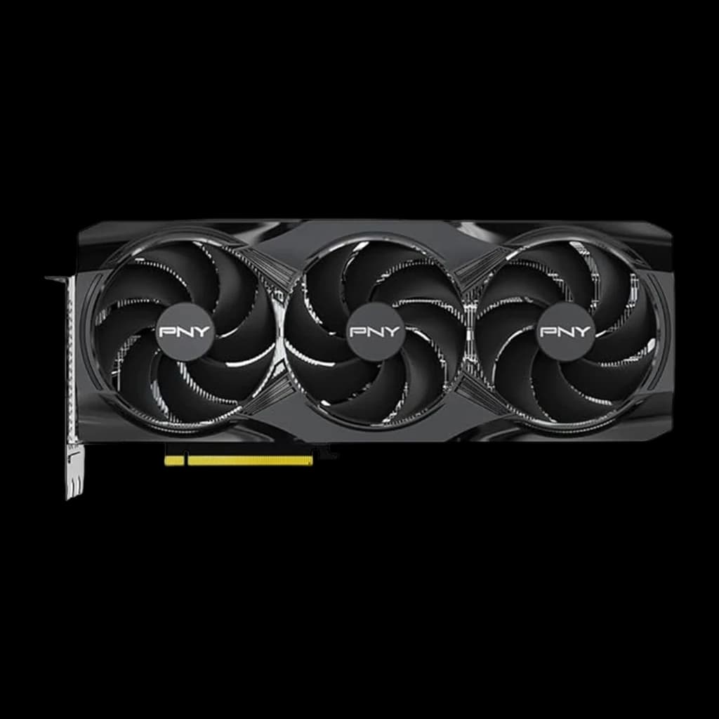 PNY GeForce RTX 5080 OC negra, vista frontal: triple ventilador con logo PNY y conector PCIe dorado