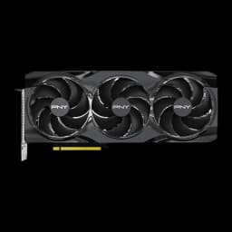 PNY GeForce RTX 5080 OC negra, vista frontal: triple ventilador con logo PNY y conector PCIe dorado