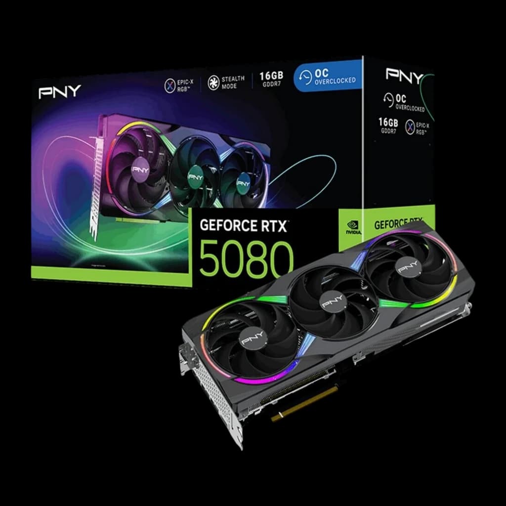 PNY GeForce RTX 5080 ARGB OC negra, tarjeta y caja: packaging con especificaciones 16GB GDDR7 OC junto a la GPU