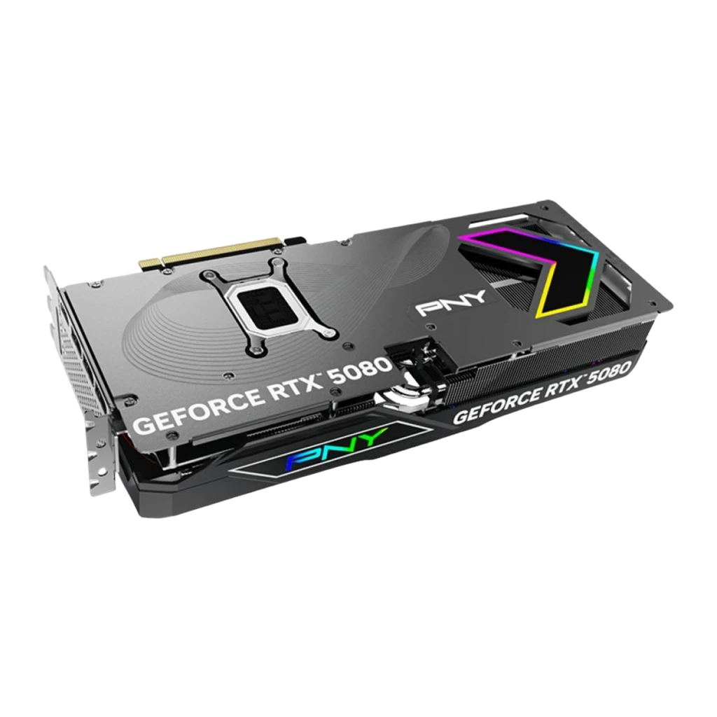 PNY GeForce RTX 5080 ARGB OC negra, tarjeta y caja: packaging con especificaciones 16GB GDDR7 OC junto a la GPU - Ítem2