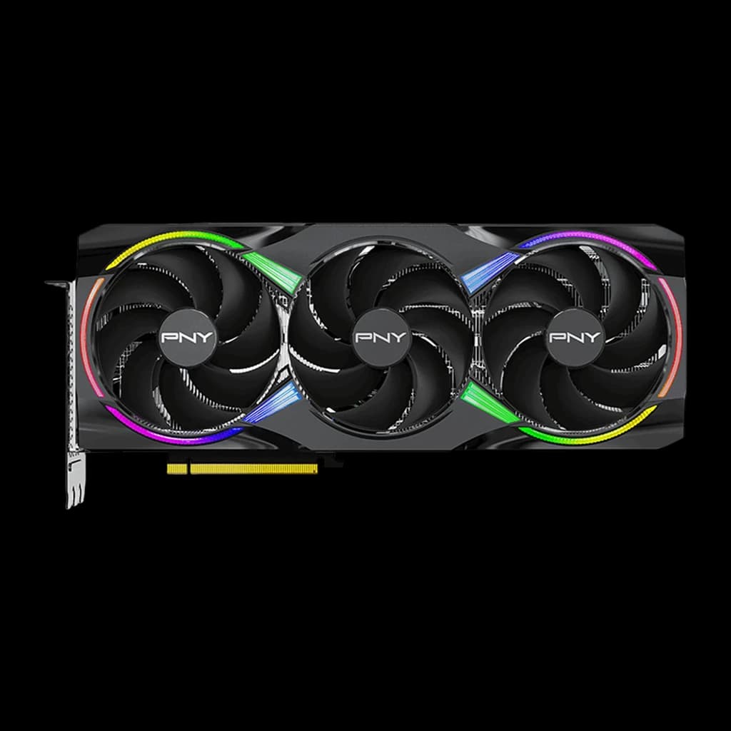 PNY GeForce RTX 5080 ARGB OC negra, vista frontal: tres ventiladores con logo PNY y anillos ARGB multicolor