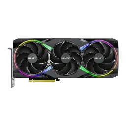 PNY GeForce RTX 5080 ARGB OC negra, vista frontal: tres ventiladores con logo PNY y anillos ARGB multicolor