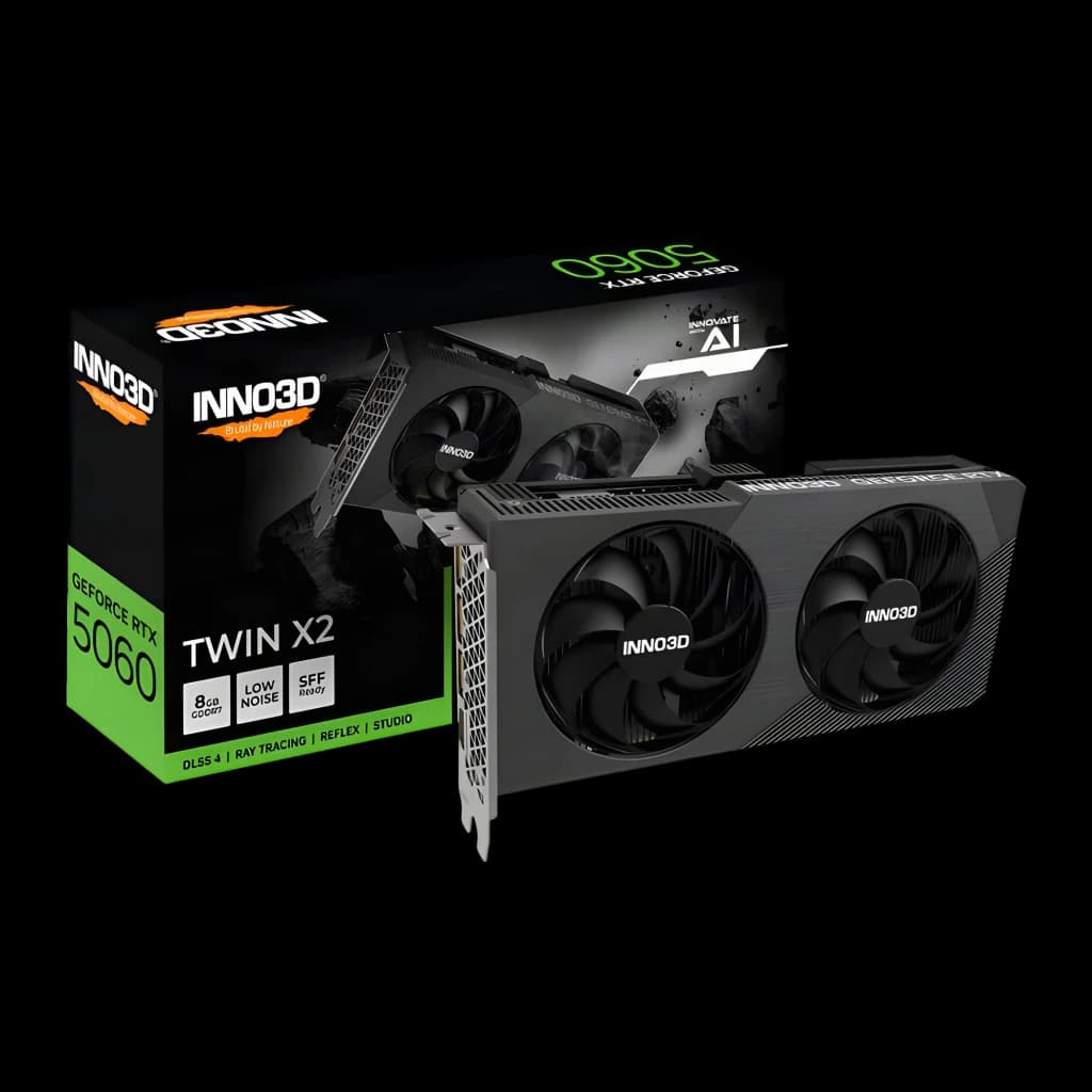 Inno3D GeForce RTX 5060 Twin X2 8GB Negro, vista con caja: tarjeta y packaging oficial Twin X2 en negro y verde