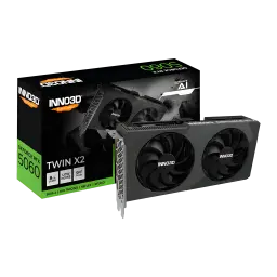 Inno3D GeForce RTX 5060 Twin X2 8GB Negro, vista con caja: tarjeta y packaging oficial Twin X2 en negro y verde