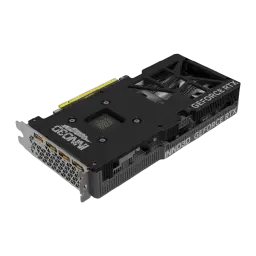 Inno3D GeForce RTX 5060 Twin X2 8GB negro, vista trasera en ángulo: backplate abierto, conector PCIe y puertos de salida