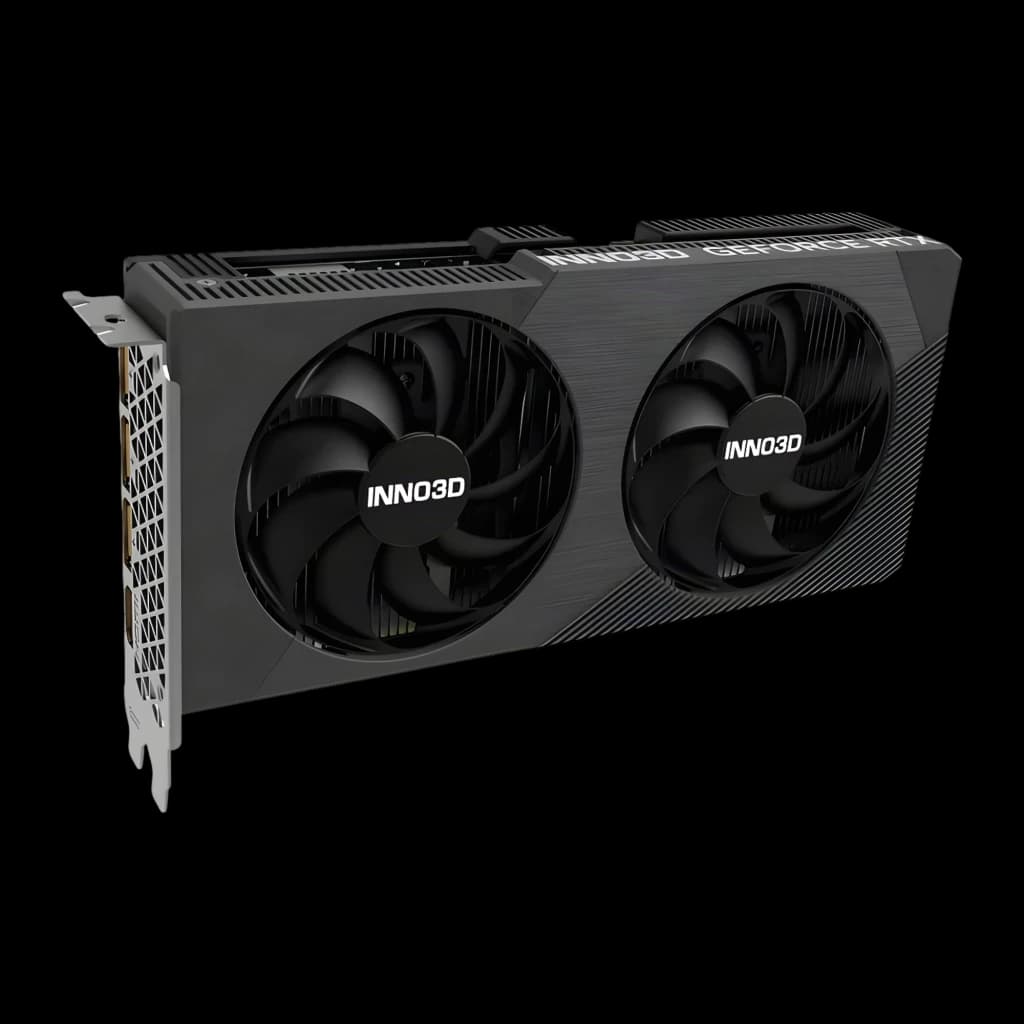 Inno3D GeForce RTX 5060 Twin X2 8GB Negro, vista frontal en ángulo: dos ventiladores, disipador gris y bracket lateral