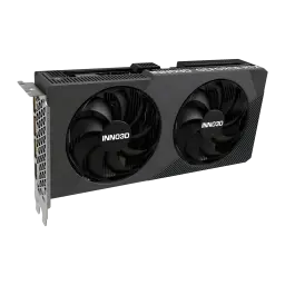 Inno3D GeForce RTX 5060 Twin X2 8GB Negro, vista frontal en ángulo: dos ventiladores, disipador gris y bracket lateral