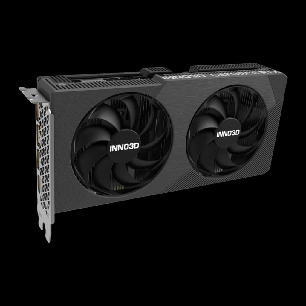 Inno3D GeForce RTX 5060 Twin X2 8GB negro, vista frontal en ángulo: dos ventiladores y logo Inno3D en shroud texturizado