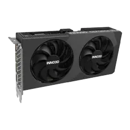 Inno3D GeForce RTX 5060 Twin X2 8GB negro, vista frontal en ángulo: dos ventiladores y logo Inno3D en shroud texturizado