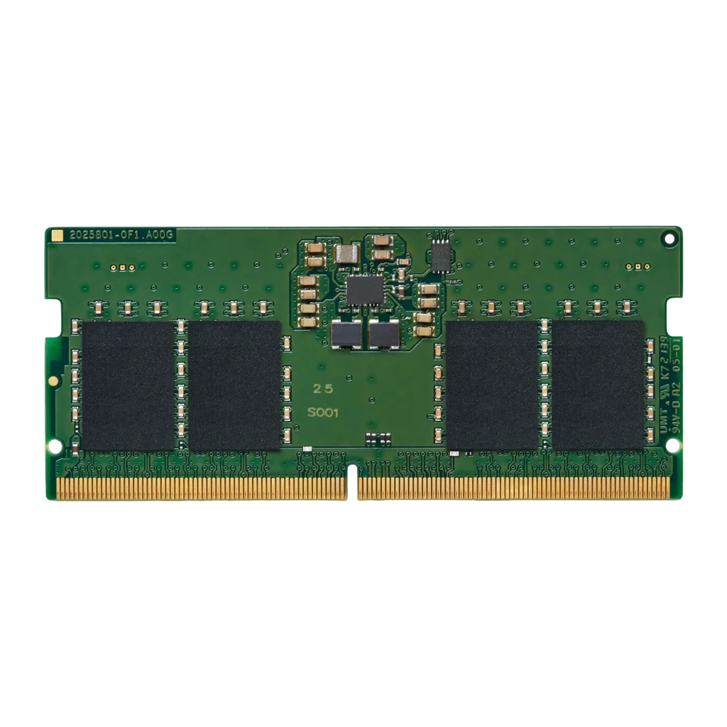 Kingston ValueRAM 8GB Or, vue avant: module SO-DIMM vert avec puces noires et contacts dorés