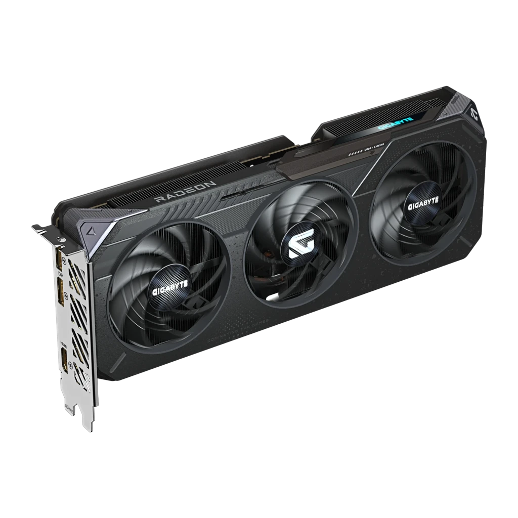 Gigabyte Radeon RX 9060 XT Gaming OC 16GB noir, kit avec boîte: carte en angle montrant les connecteurs DisplayPort et HDMI - Ítem3