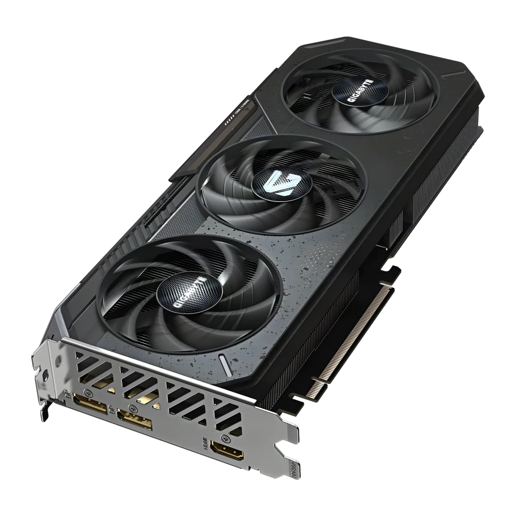 Gigabyte Radeon RX 9060 XT Gaming OC 16GB noir, kit avec boîte: carte en angle montrant les connecteurs DisplayPort et HDMI - Ítem7