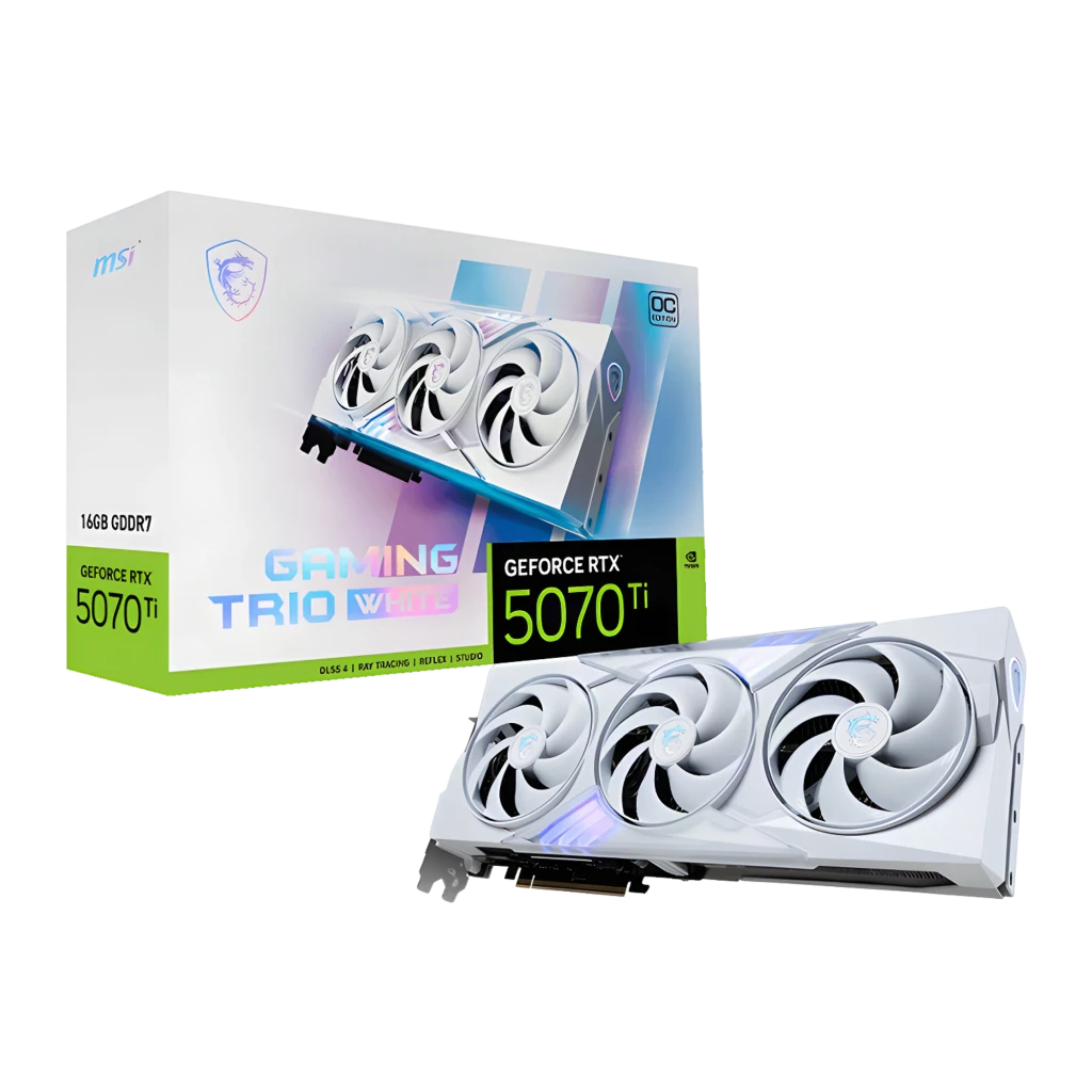 MSI GeForce RTX 5070 Ti Gaming Trio OC 16GB blanc, vue avec boîte: carte et packaging officiel triple ventilateur