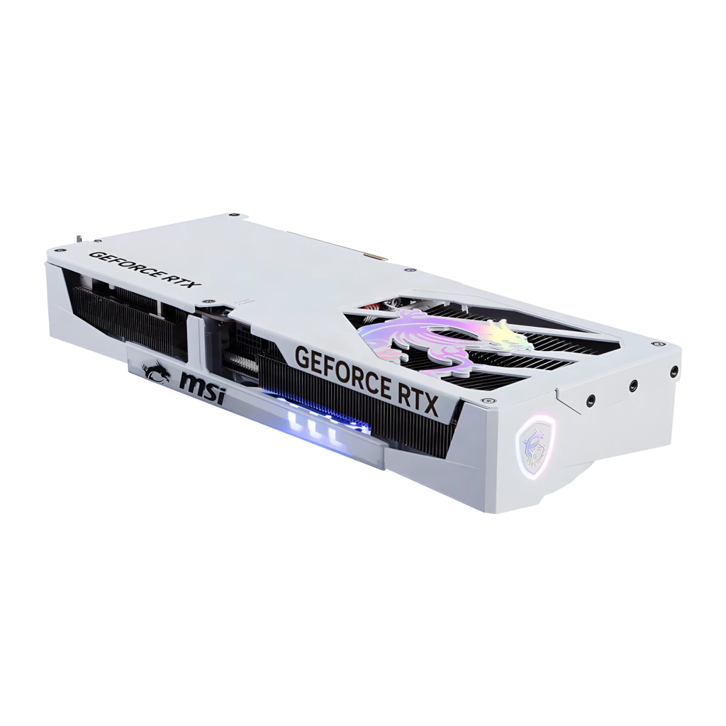MSI GeForce RTX 5070 Ti Gaming Trio OC 16GB blanche, vue latérale supérieure: dragon RGB, logo MSI éclairé et backplate blanc
