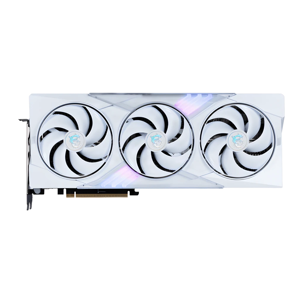 MSI GeForce RTX 5070 Ti Gaming Trio OC 16GB blanche, vue avant: trois ventilateurs avec logo dragon et RGB latéral