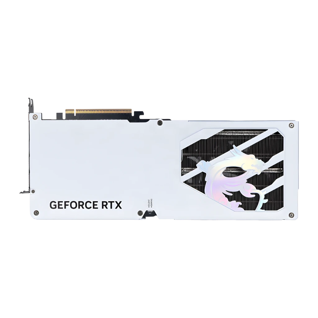 MSI GeForce RTX 5070 Ti Gaming Trio OC 16GB blanche, backplate: panneau arrière blanc avec logo dragon iridescent et texte
