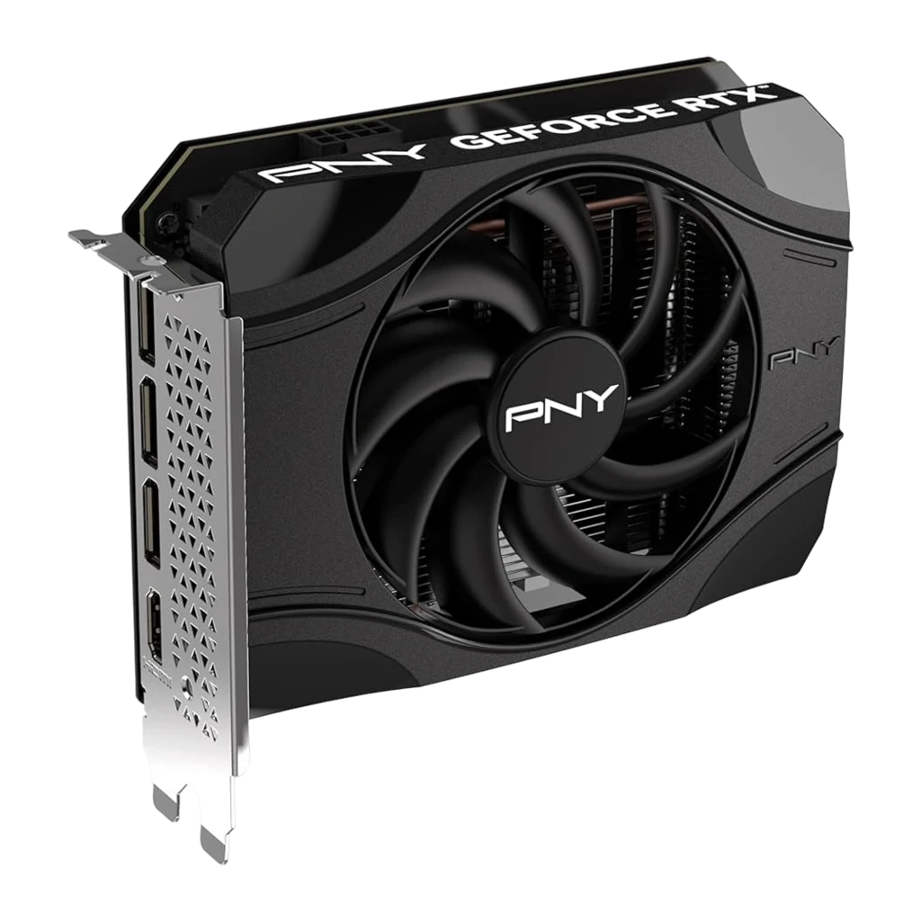 PNY GeForce RTX 5050 8GB GDDR6 negra, vista frontal: ventilador único central con logo PNY y conector PCIe dorado - Ítem1