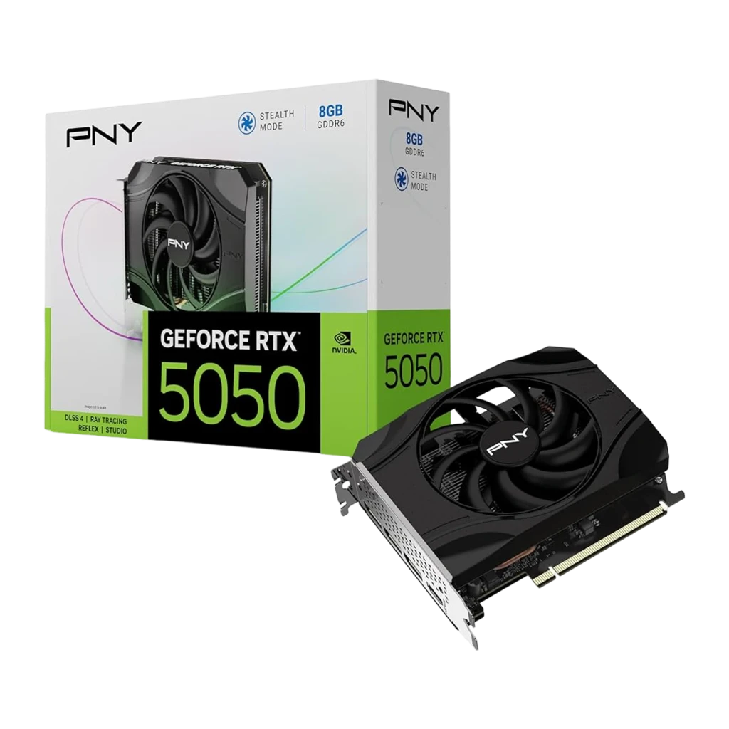 PNY GeForce RTX 5050 8GB GDDR6 negra, vista frontal: ventilador único central con logo PNY y conector PCIe dorado - Ítem2