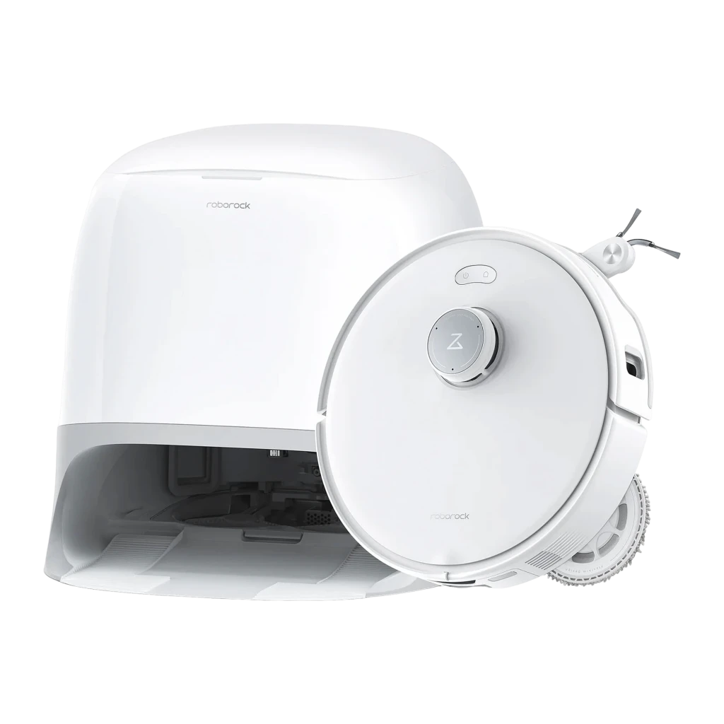 Roborock Qrevo Curv Blanco, vista frontal: robot aspirador acoplado en base de autovaciado con logo visible - Ítem3