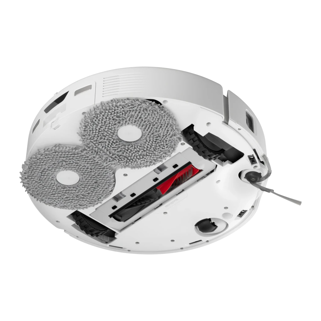 Roborock Qrevo Curv Blanco, vista frontal: robot aspirador acoplado en base de autovaciado con logo visible - Ítem10