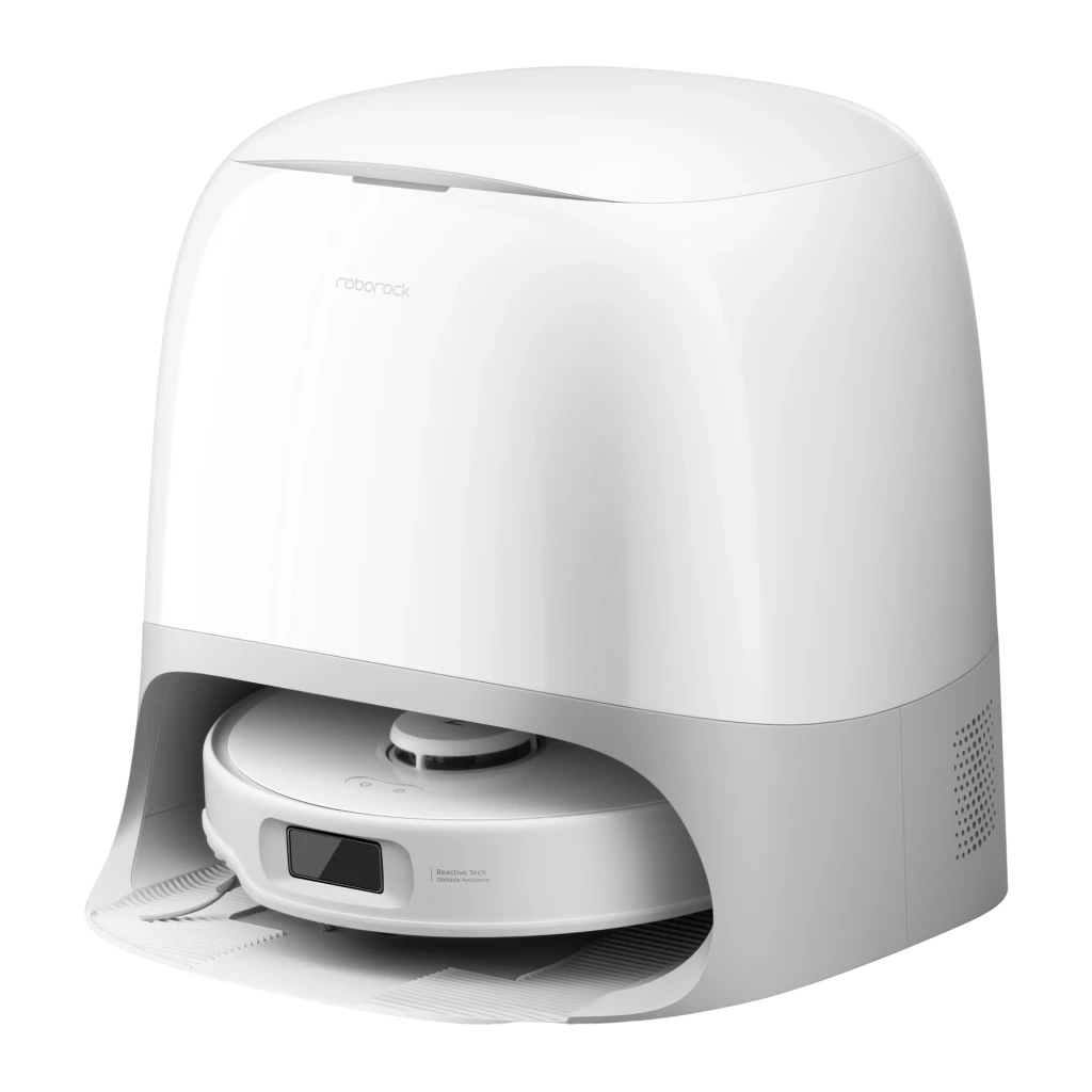 Roborock Qrevo Curv Blanco, vista frontal: robot aspirador acoplado en base de autovaciado con logo visible - Ítem1