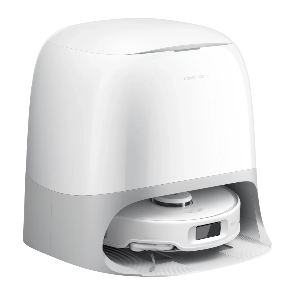 Roborock Qrevo Curv Blanco, vista frontal: robot aspirador acoplado en base de autovaciado con logo visible - Ítem2